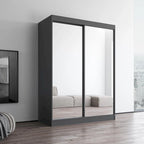 Armoire penderie miroir à 2 portes Noir / Blanc / Gris / Wengé brillant avec étagères et tringle, montage à 2 personnes