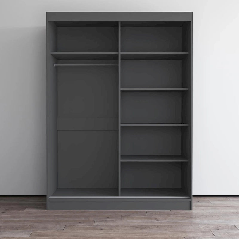 Armoire penderie miroir à 2 portes Noir / Blanc / Gris / Wengé brillant avec étagères et tringle, montage à 2 personnes