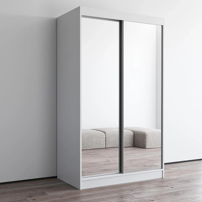 Armoire penderie miroir à 2 portes Noir / Blanc / Gris / Wengé brillant avec étagères et tringle, montage à 2 personnes