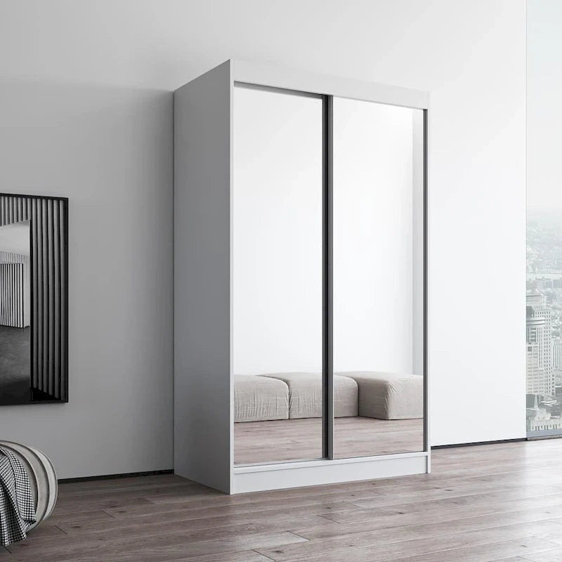 Armoire penderie miroir à 2 portes Noir / Blanc / Gris / Wengé brillant avec étagères et tringle, montage à 2 personnes