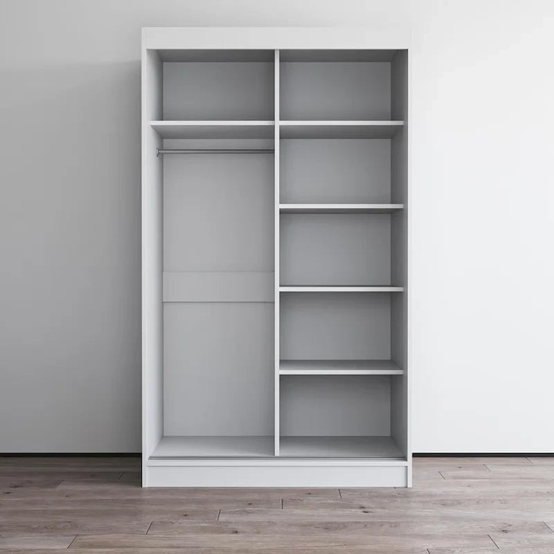 Armoire penderie miroir à 2 portes Noir / Blanc / Gris / Wengé brillant avec étagères et tringle, montage à 2 personnes