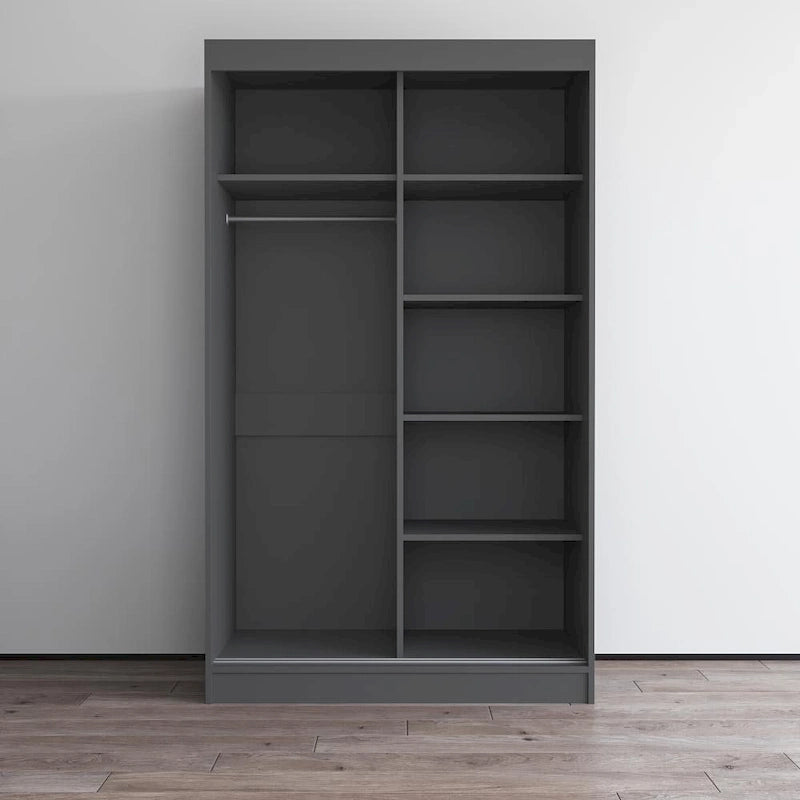 Armoire penderie miroir à 2 portes Noir / Blanc / Gris / Wengé brillant avec étagères et tringle, montage à 2 personnes