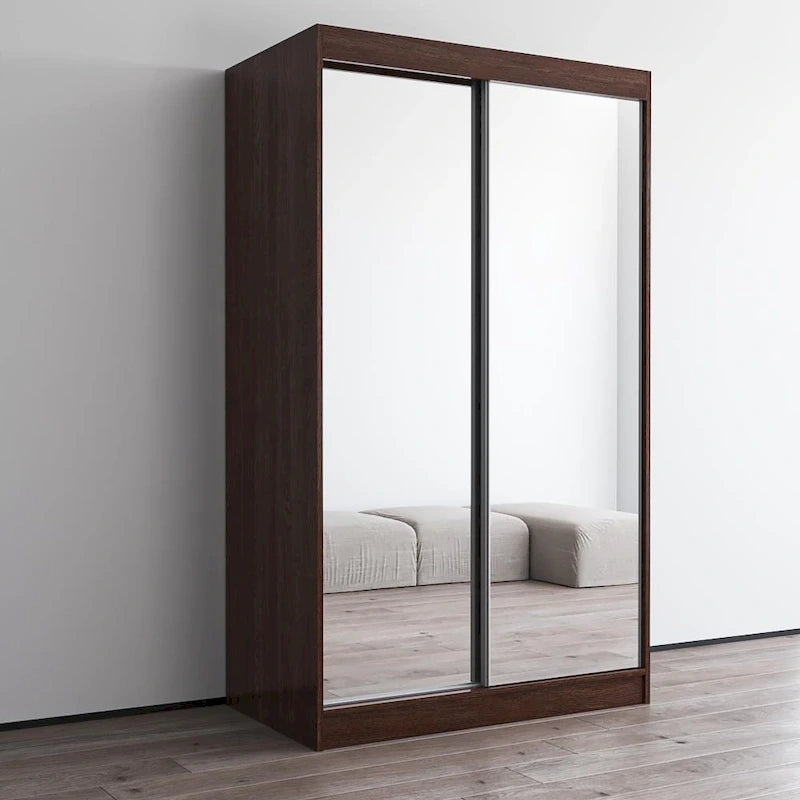 Armoire penderie miroir à 2 portes Noir / Blanc / Gris / Wengé brillant avec étagères et tringle, montage à 2 personnes