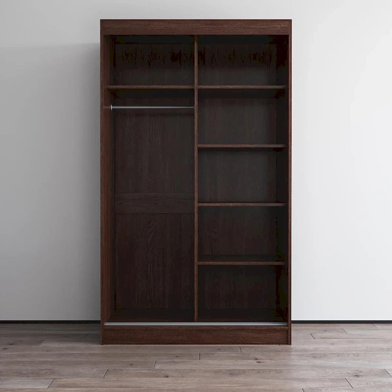 Armoire penderie miroir à 2 portes Noir / Blanc / Gris / Wengé brillant avec étagères et tringle, montage à 2 personnes