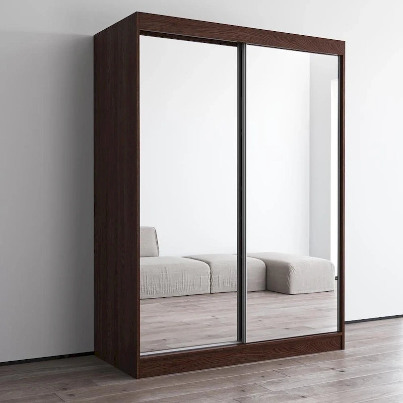 Armoire penderie miroir à 2 portes Noir / Blanc / Gris / Wengé brillant avec étagères et tringle, montage à 2 personnes