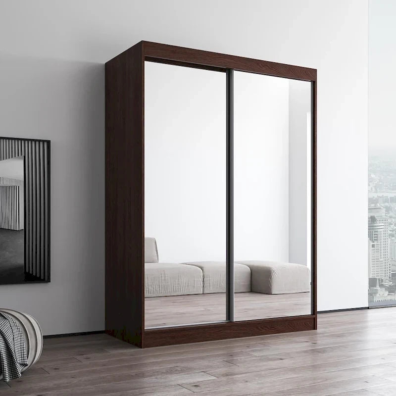 Armoire penderie miroir à 2 portes Noir / Blanc / Gris / Wengé brillant avec étagères et tringle, montage à 2 personnes