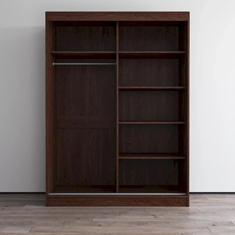 Armoire penderie miroir à 2 portes Noir / Blanc / Gris / Wengé brillant avec étagères et tringle, montage à 2 personnes
