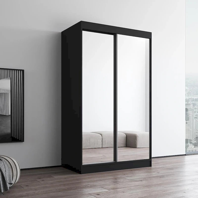 Armoire penderie miroir à 2 portes Noir / Blanc / Gris / Wengé brillant avec étagères et tringle, montage à 2 personnes