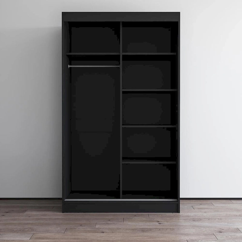 Armoire penderie miroir à 2 portes Noir / Blanc / Gris / Wengé brillant avec étagères et tringle, montage à 2 personnes