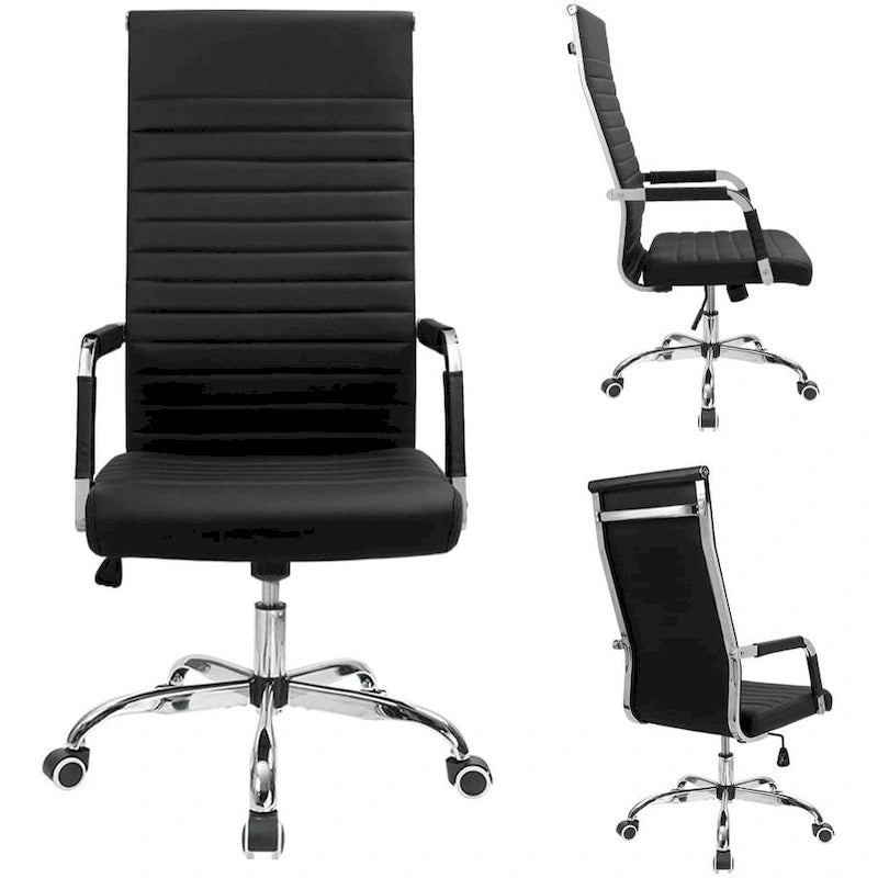 Chaise de bureau nervurée à dossier haut en similicuir noir/blanc avec hauteur réglable, pour 1 personne