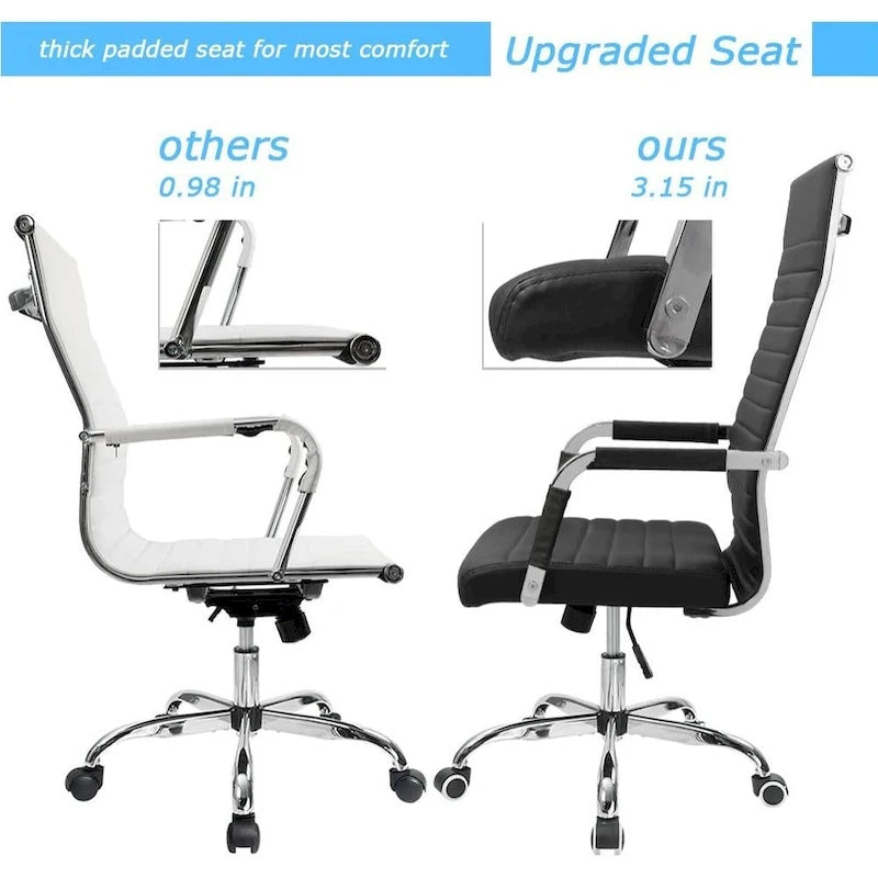 Chaise de bureau nervurée à dossier haut en similicuir noir/blanc avec hauteur réglable, pour 1 personne