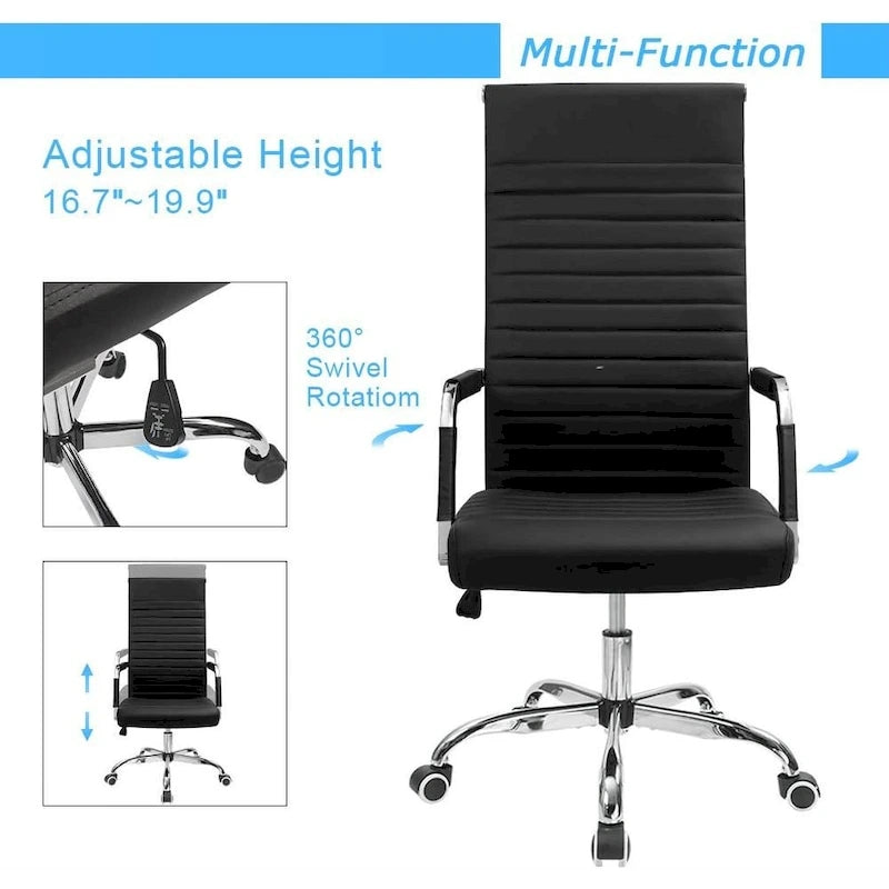 Chaise de bureau nervurée à dossier haut en similicuir noir/blanc avec hauteur réglable, pour 1 personne