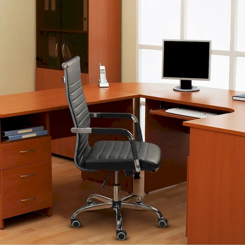Chaise de bureau nervurée à dossier haut en similicuir noir/blanc avec hauteur réglable, pour 1 personne