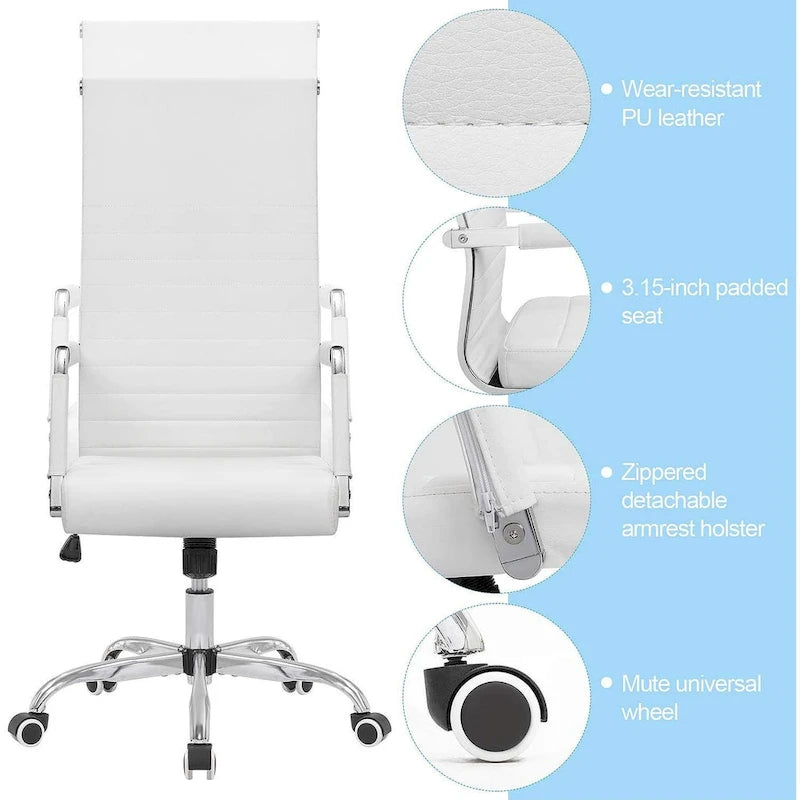 Chaise de bureau nervurée à dossier haut en similicuir noir/blanc avec hauteur réglable, pour 1 personne