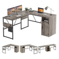 Bureau en L avec armoire de rangement et tour de processeur, finition gris cendre/blanc cendre/noir doré/marron rustique, assemblage par 1 personne