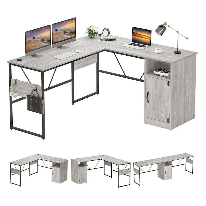 Bureau en L avec armoire de rangement et tour de processeur, finition gris cendre/blanc cendre/noir doré/marron rustique, assemblage par 1 personne