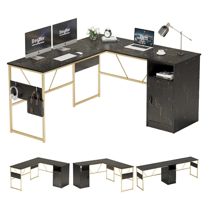 Bureau en L avec armoire de rangement et tour de processeur, finition gris cendre/blanc cendre/noir doré/marron rustique, assemblage par 1 personne