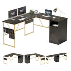 Bureau en L avec armoire de rangement et tour de processeur, finition gris cendre/blanc cendre/noir doré/marron rustique, assemblage par 1 personne