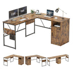 Bureau en L avec armoire de rangement et tour de processeur, finition gris cendre/blanc cendre/noir doré/marron rustique, assemblage par 1 personne