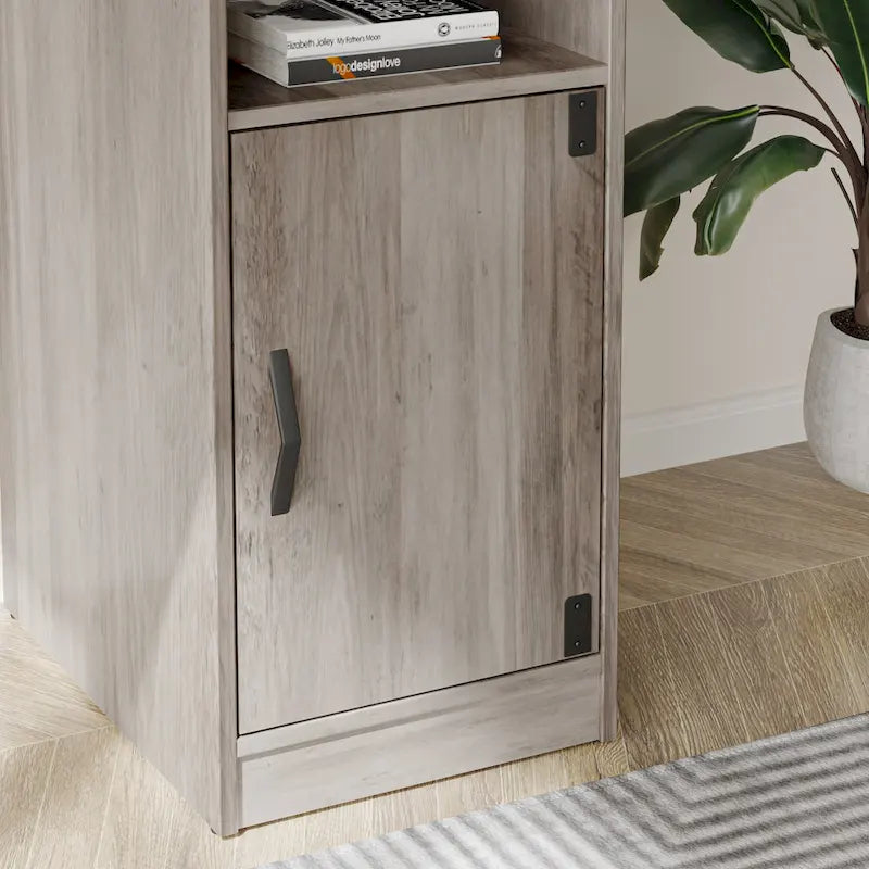 Bureau en L avec armoire de rangement et tour de processeur, finition gris cendre/blanc cendre/noir doré/marron rustique, assemblage par 1 personne