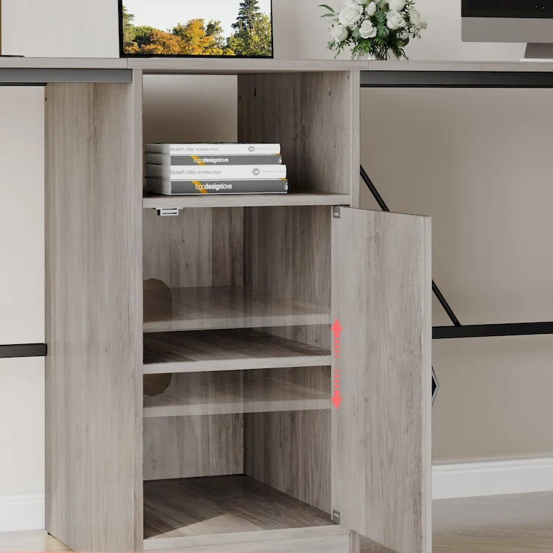 Bureau en L avec armoire de rangement et tour de processeur, finition gris cendre/blanc cendre/noir doré/marron rustique, assemblage par 1 personne
