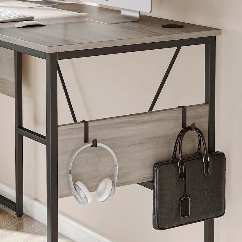 Bureau en L avec armoire de rangement et tour de processeur, finition gris cendre/blanc cendre/noir doré/marron rustique, assemblage par 1 personne