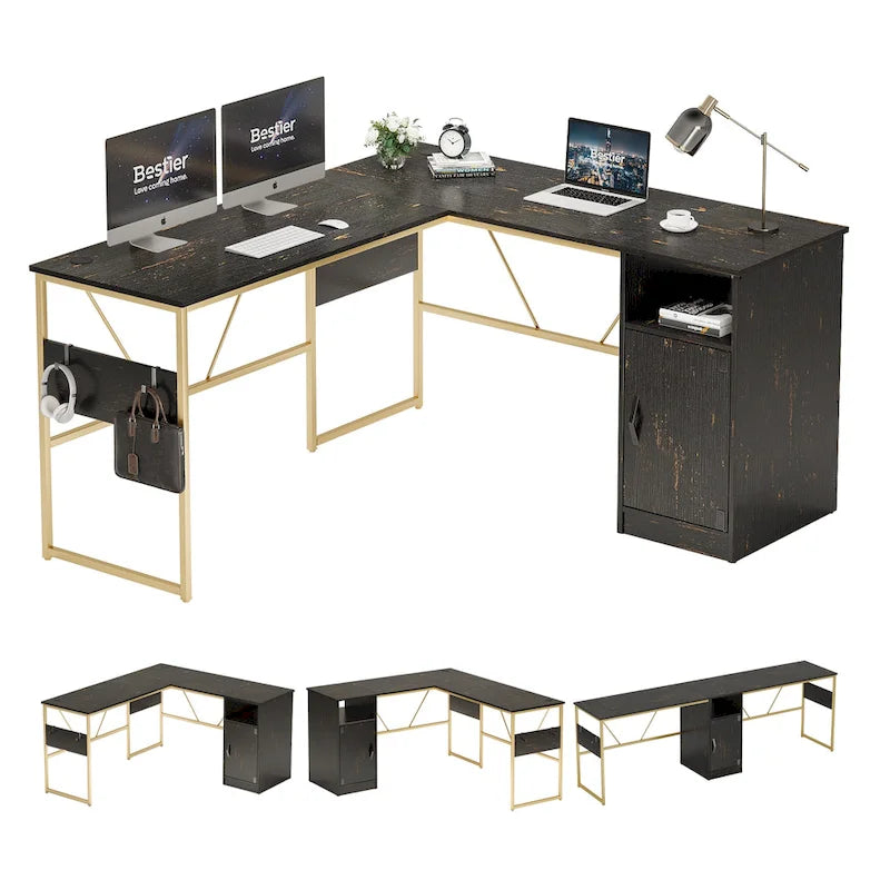 Bureau en L avec armoire de rangement et tour de processeur, finition gris cendre/blanc cendre/noir doré/marron rustique, assemblage par 1 personne