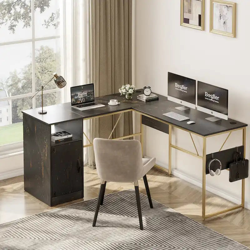 Bureau en L avec armoire de rangement et tour de processeur, finition gris cendre/blanc cendre/noir doré/marron rustique, assemblage par 1 personne