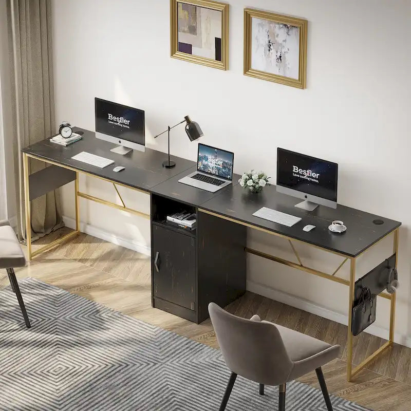 Bureau en L avec armoire de rangement et tour de processeur, finition gris cendre/blanc cendre/noir doré/marron rustique, assemblage par 1 personne