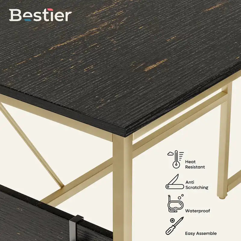 Bureau en L avec armoire de rangement et tour de processeur, finition gris cendre/blanc cendre/noir doré/marron rustique, assemblage par 1 personne