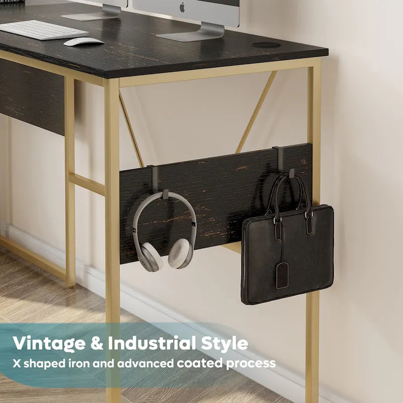 Bureau en L avec armoire de rangement et tour de processeur, finition gris cendre/blanc cendre/noir doré/marron rustique, assemblage par 1 personne