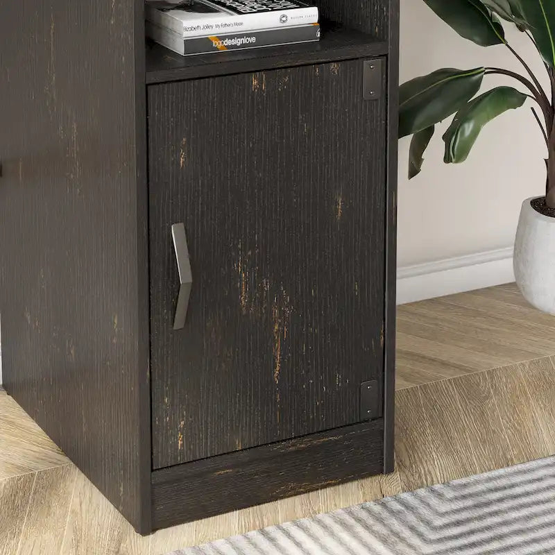 Bureau en L avec armoire de rangement et tour de processeur, finition gris cendre/blanc cendre/noir doré/marron rustique, assemblage par 1 personne