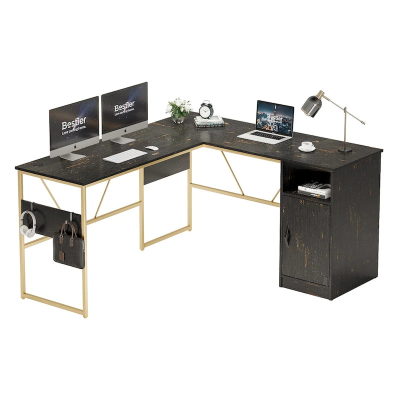 Bureau en L avec armoire de rangement et tour de processeur, finition gris cendre/blanc cendre/noir doré/marron rustique, assemblage par 1 personne