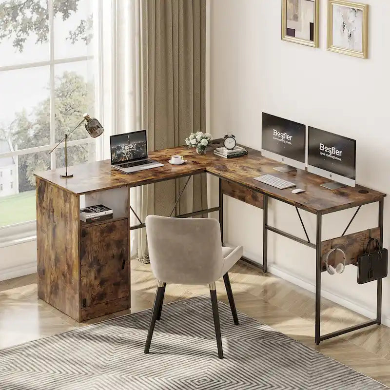 Bureau en L avec armoire de rangement et tour de processeur, finition gris cendre/blanc cendre/noir doré/marron rustique, assemblage par 1 personne