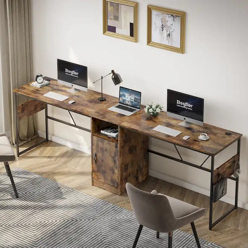 Bureau en L avec armoire de rangement et tour de processeur, finition gris cendre/blanc cendre/noir doré/marron rustique, assemblage par 1 personne