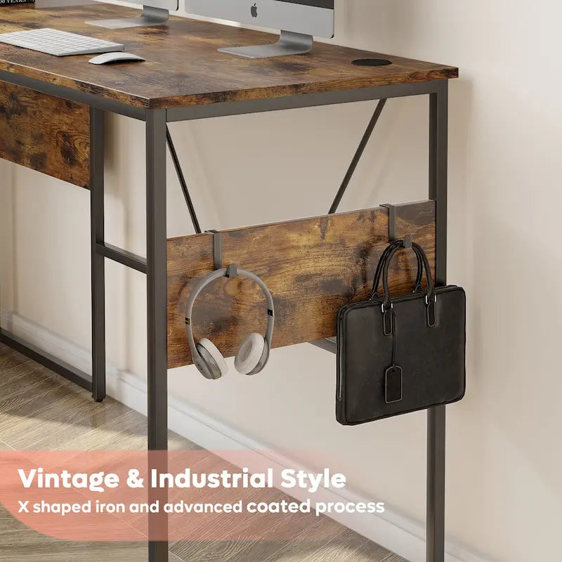 Bureau en L avec armoire de rangement et tour de processeur, finition gris cendre/blanc cendre/noir doré/marron rustique, assemblage par 1 personne