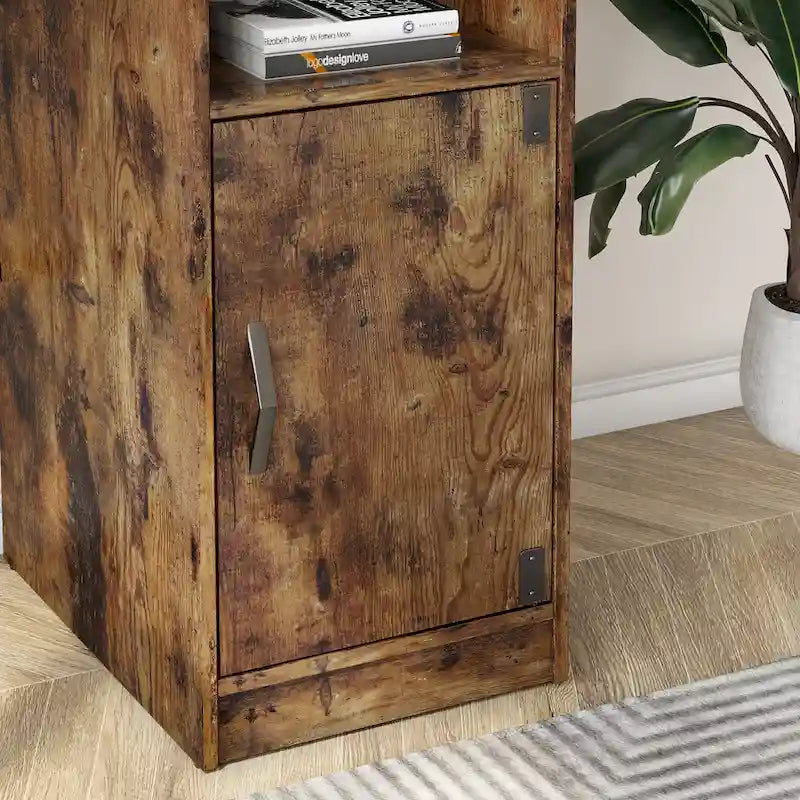 Bureau en L avec armoire de rangement et tour de processeur, finition gris cendre/blanc cendre/noir doré/marron rustique, assemblage par 1 personne