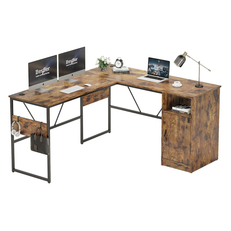 Bureau en L avec armoire de rangement et tour de processeur, finition gris cendre/blanc cendre/noir doré/marron rustique, assemblage par 1 personne