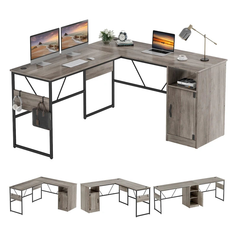 Bureau en L avec armoire de rangement et tour de processeur, finition gris cendre/blanc cendre/noir doré/marron rustique, assemblage par 1 personne