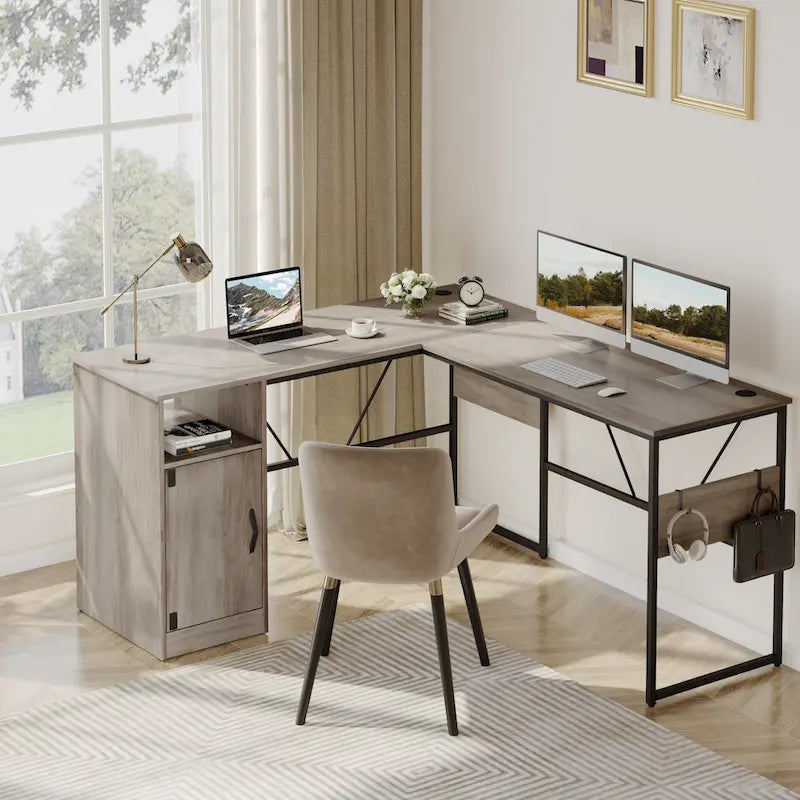 Bureau en L avec armoire de rangement et tour de processeur, finition gris cendre/blanc cendre/noir doré/marron rustique, assemblage par 1 personne