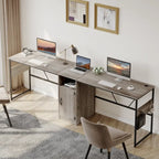 Bureau en L avec armoire de rangement et tour de processeur, finition gris cendre/blanc cendre/noir doré/marron rustique, assemblage par 1 personne