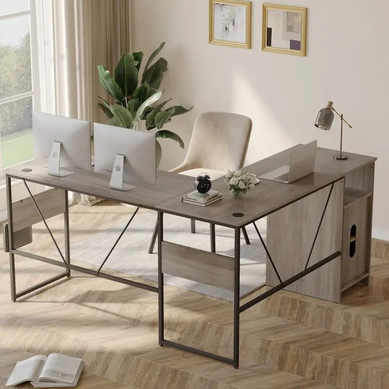 Bureau en L avec armoire de rangement et tour de processeur, finition gris cendre/blanc cendre/noir doré/marron rustique, assemblage par 1 personne