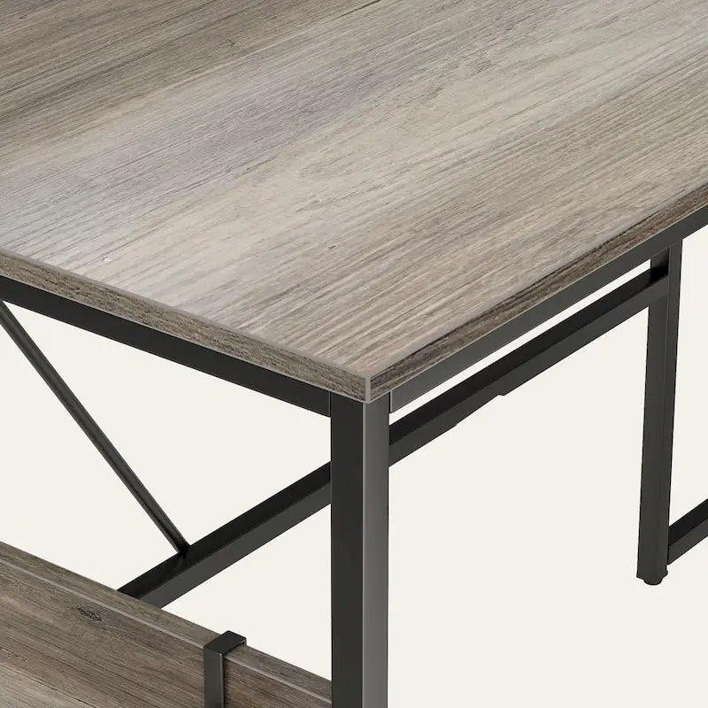 Bureau en L avec armoire de rangement et tour de processeur, finition gris cendre/blanc cendre/noir doré/marron rustique, assemblage par 1 personne