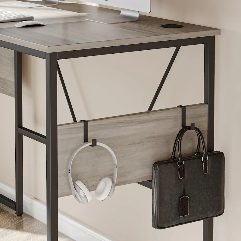 Bureau en L avec armoire de rangement et tour de processeur, finition gris cendre/blanc cendre/noir doré/marron rustique, assemblage par 1 personne