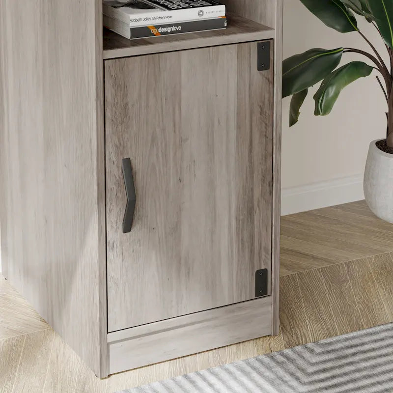 Bureau en L avec armoire de rangement et tour de processeur, finition gris cendre/blanc cendre/noir doré/marron rustique, assemblage par 1 personne