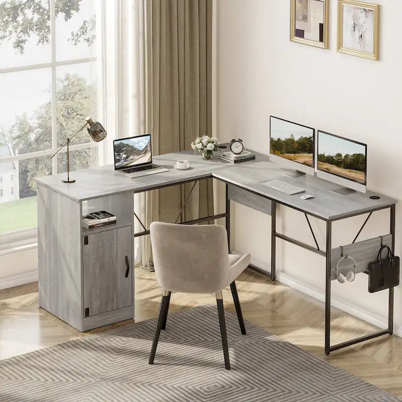 Bureau en L avec armoire de rangement et tour de processeur, finition gris cendre/blanc cendre/noir doré/marron rustique, assemblage par 1 personne