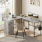 Bureau en L avec armoire de rangement et tour de processeur, finition gris cendre/blanc cendre/noir doré/marron rustique, assemblage par 1 personne