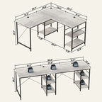 Bureau en L avec armoire de rangement et tour de processeur, finition gris cendre/blanc cendre/noir doré/marron rustique, assemblage par 1 personne