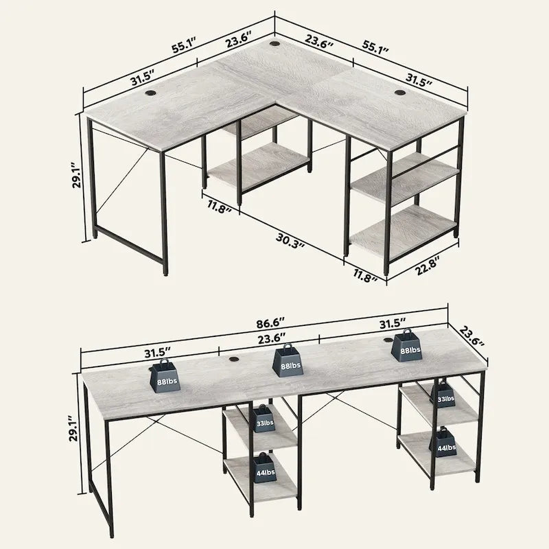Bureau en L avec armoire de rangement et tour de processeur, finition gris cendre/blanc cendre/noir doré/marron rustique, assemblage par 1 personne