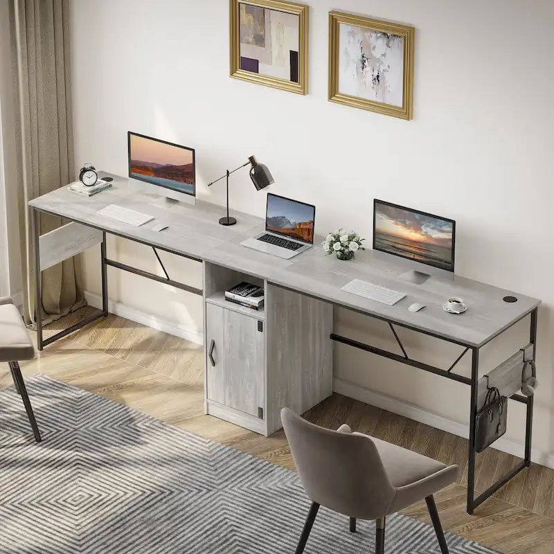 Bureau en L avec armoire de rangement et tour de processeur, finition gris cendre/blanc cendre/noir doré/marron rustique, assemblage par 1 personne